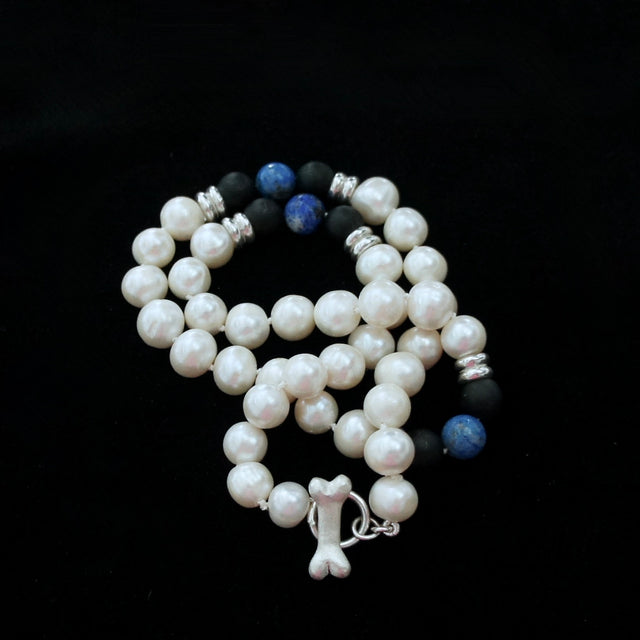 3 STATION BAROQUE PEARL, ONYX AND LAPIS NECKLACE