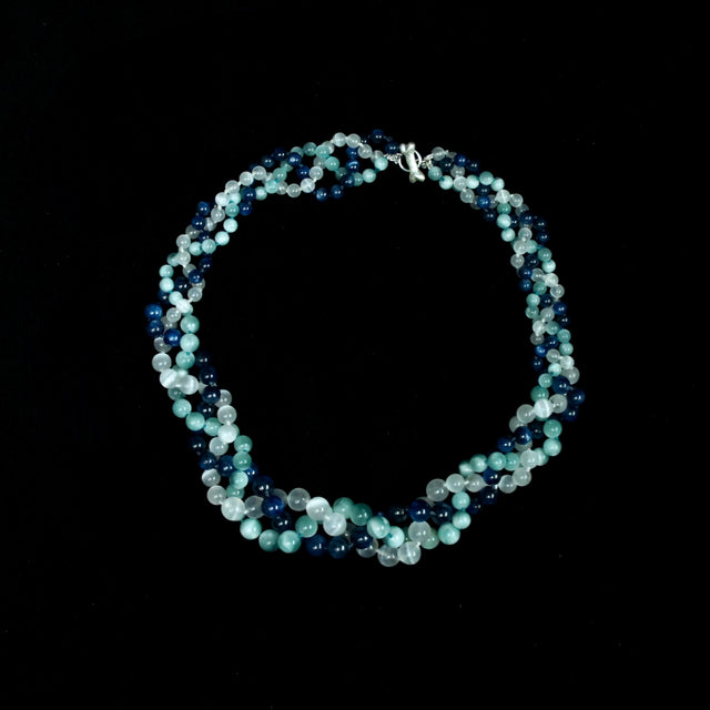 BRAIDED KYANITE, SELENITE AND GREEN MOONSTONE NECKLACE